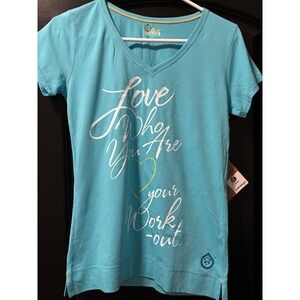 Tasc Performance "Love Who You Are Your Workout" Teal V-Neck T-Shirt NWT SZ SM